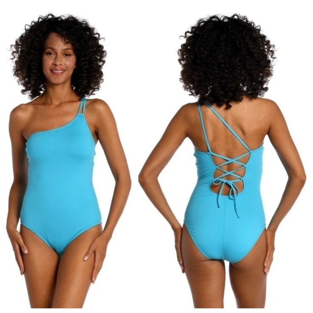 La Blanca Women One‎ Piece Swimsuit Single Shoulder Tummy Control  Sz 14 Azul